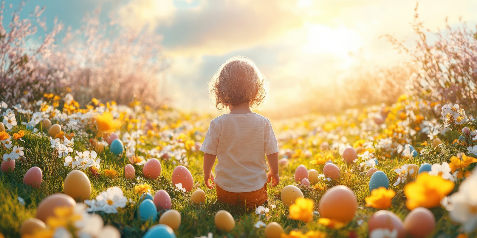 Child explores colorful Easter eggs in a flower-filled field during sunset
